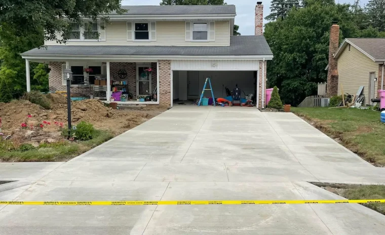 A newly poured concrete driveway leads up to a two story house